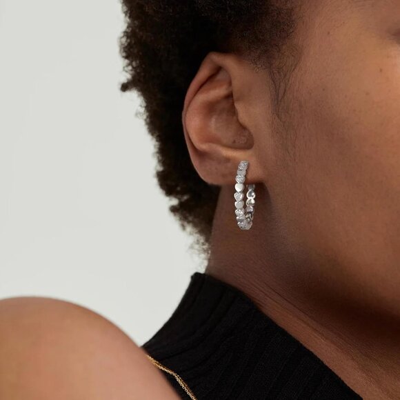 925 Silver-30mm Heart Cubic Zirconia Large Rhinestone Hoop Earrings for Womens - Picture 2 of 7